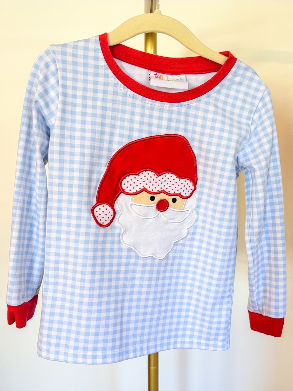 Jellybean Kids Blue Gingham Santa Pajama set with Red Trim